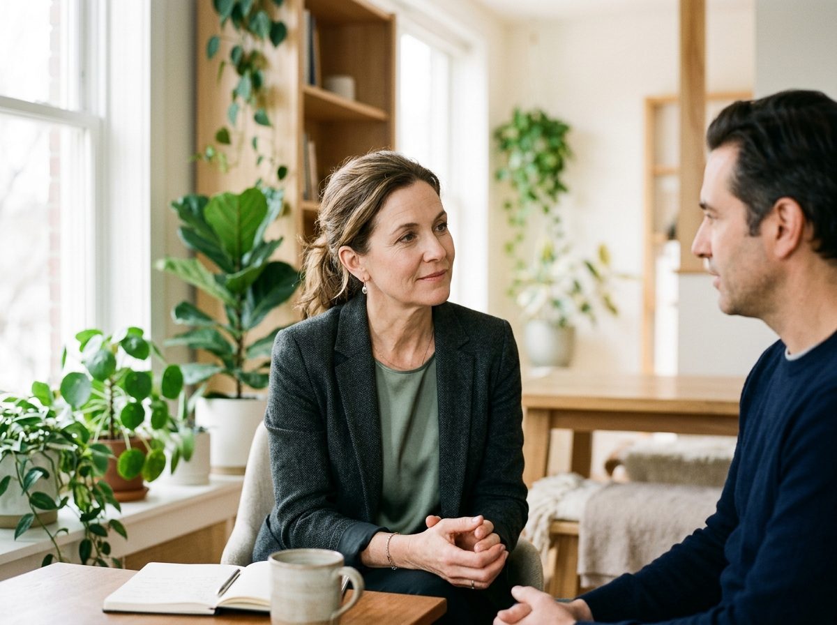 A coach listening closely to a client in a calm, unhurried conversation.